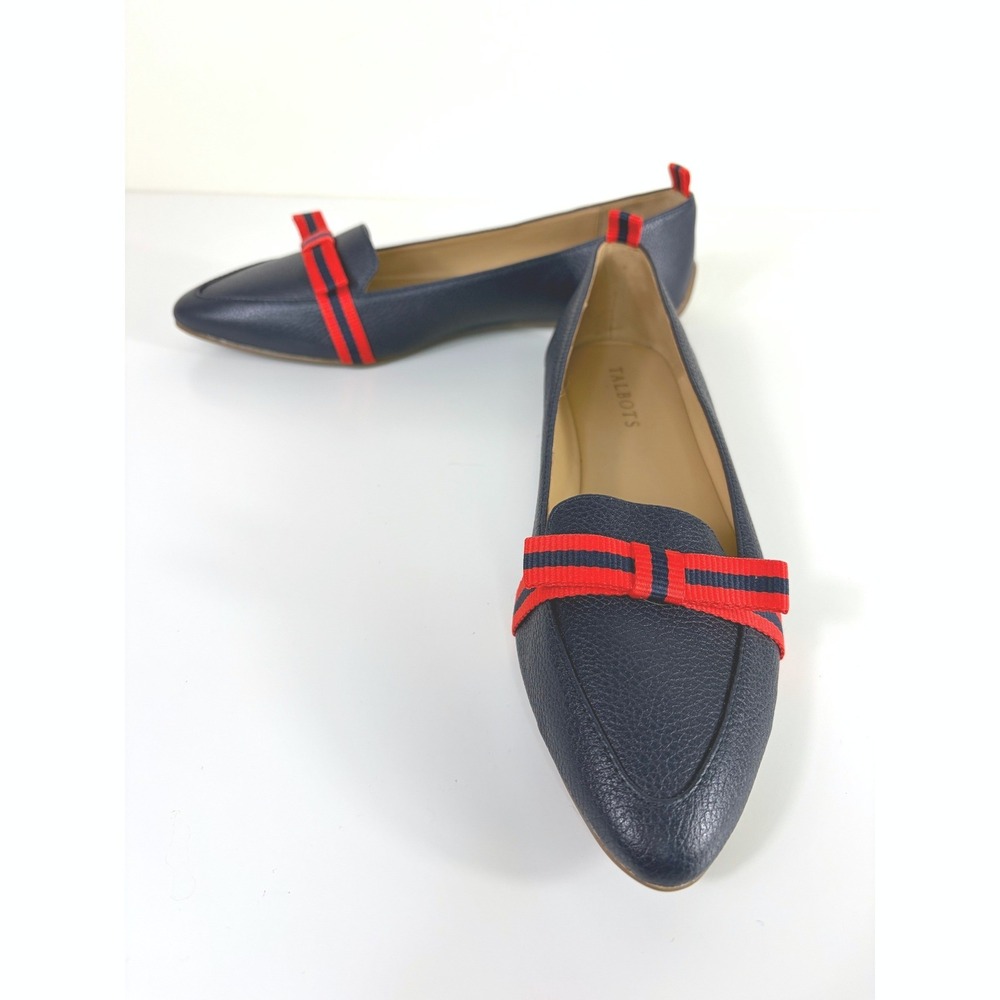 Talbots Francesca Driving Moccasin Grosgrain‎ Bow Navy Red Size 7.5 AA NWOT Prep